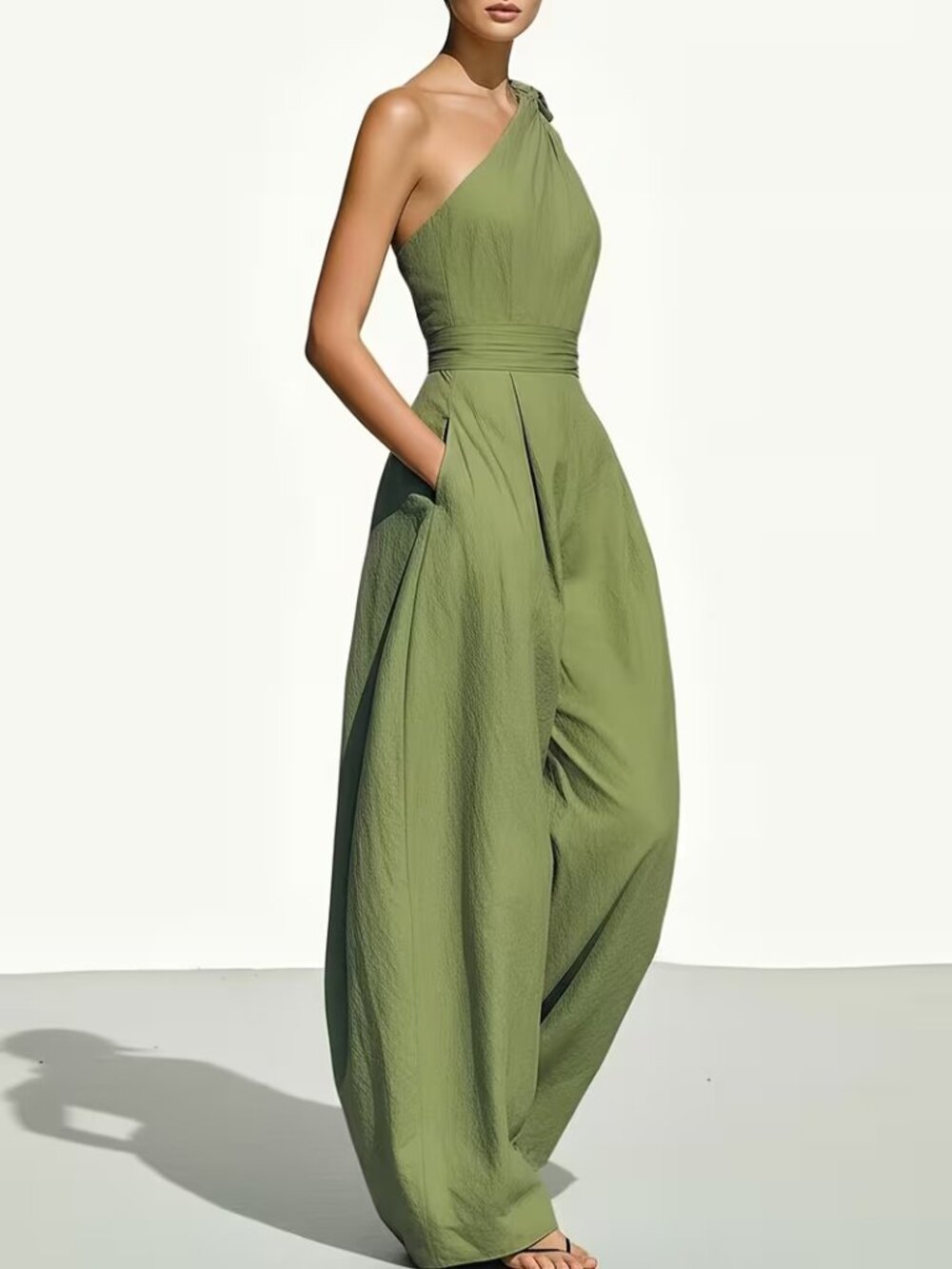 Olive Green One Shoulder Wide Leg Jumpsuit Bow Strap XL XXL NWT